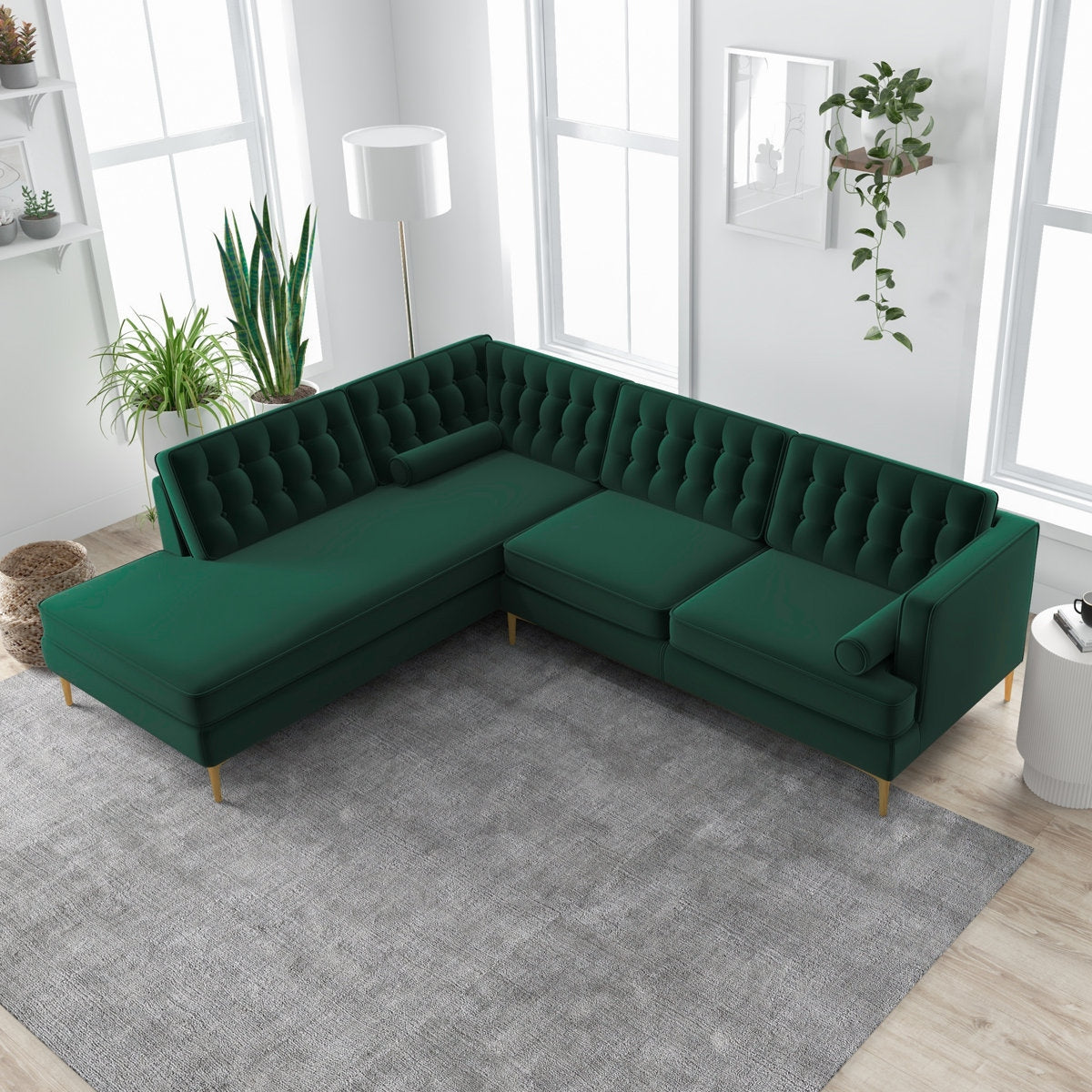 Emerald Green Velvet Tufted L-Shape Sectional 4 Seater Sofa