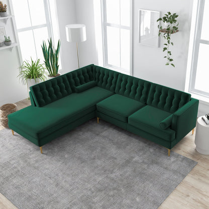 Emerald Green Velvet Tufted L-Shape Sectional 4 Seater Sofa