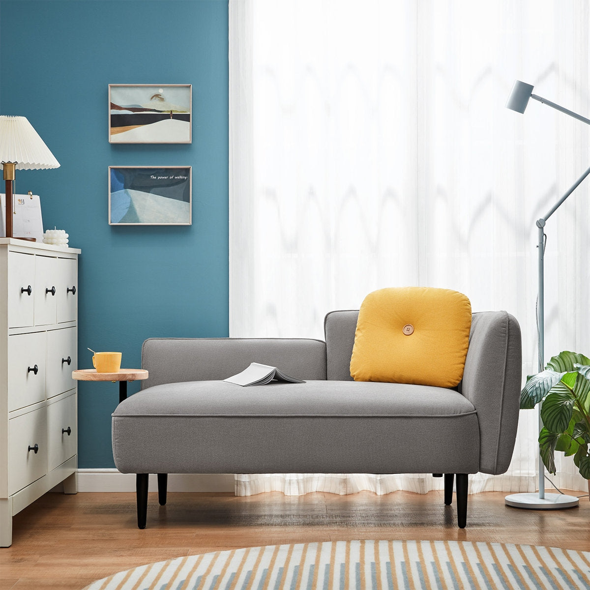 Compact Aqua Linen Sofa with Stylish Rounded Arms and Acacia Wood Frame
