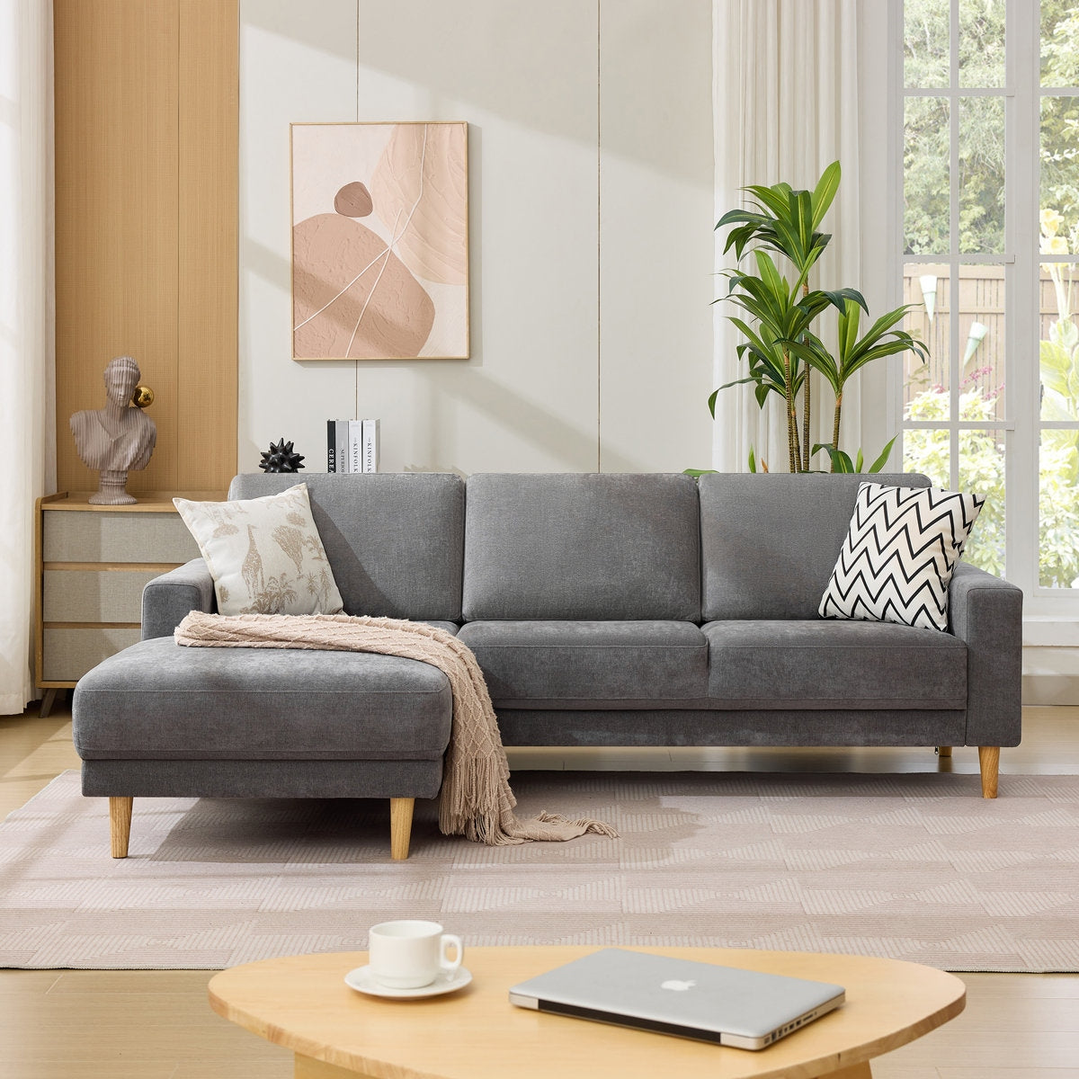 Luxury Acacia Wood Frame Velvet Sectional Sofa with Reversible Chaise