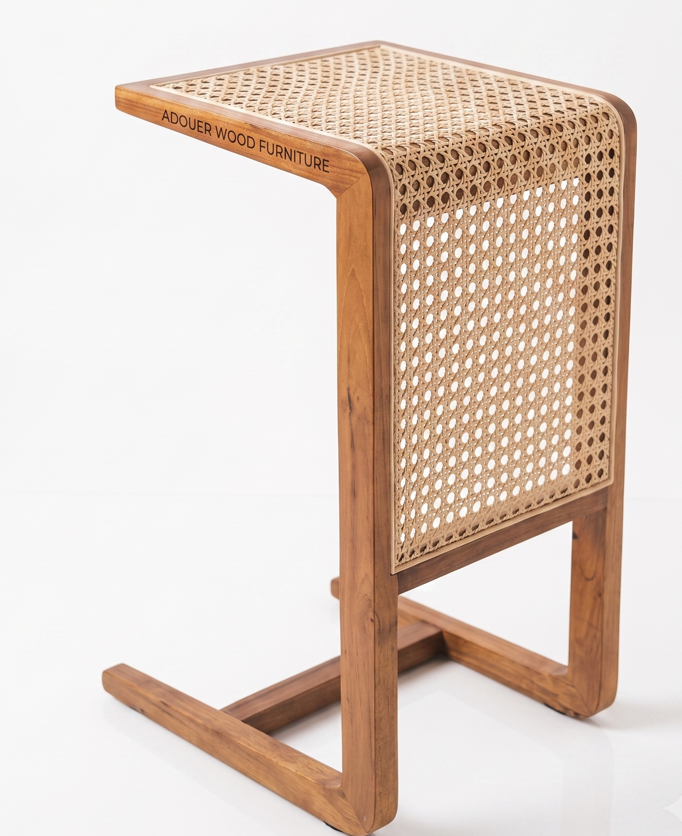 ADOUER WOOD Modern C-Shaped Side Table with Natural Rattan Webbing
