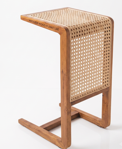 ADOUER WOOD Modern C-Shaped Side Table with Natural Rattan Webbing