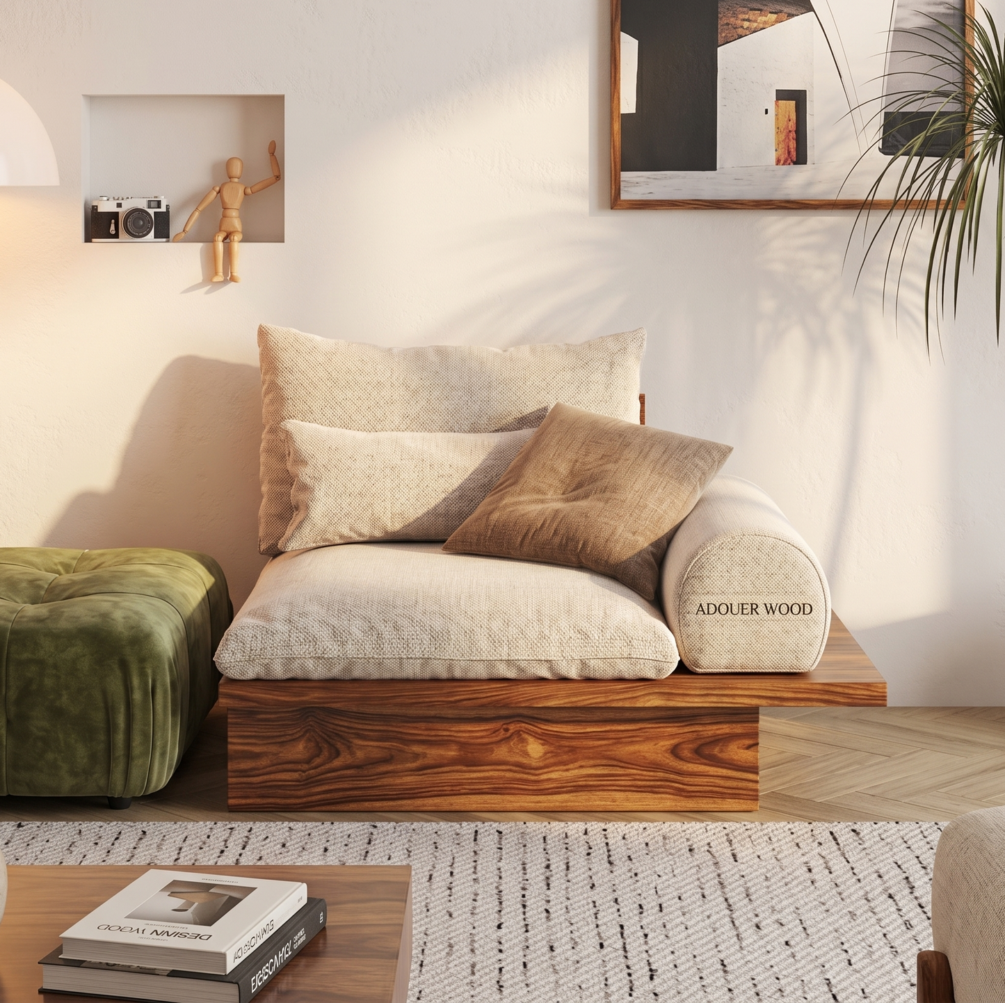 Japanese Style Platform Sofa with Soild Wood Base and Cotton Fabric