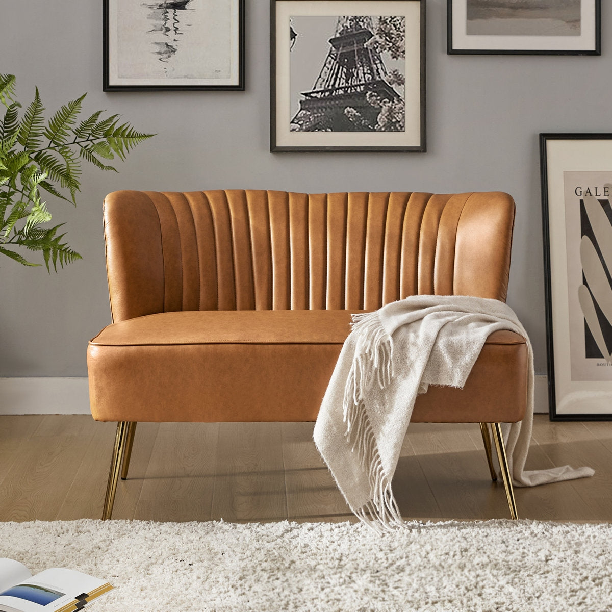 Vintage Style Faux Leather Two-Seater Sofa with Metal Legs