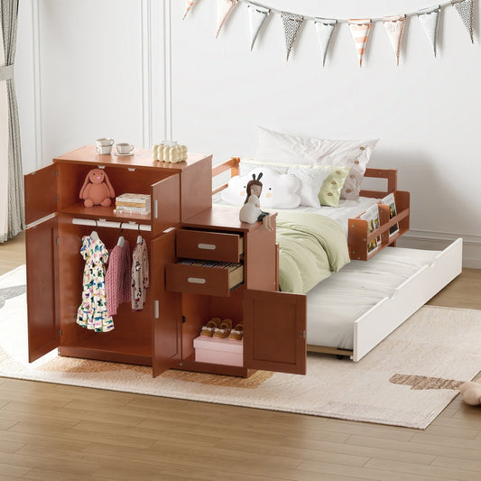 Multi-Functional Kids' Captain Bed with Integrated Closet, Bookshelf, and Guest Trundle