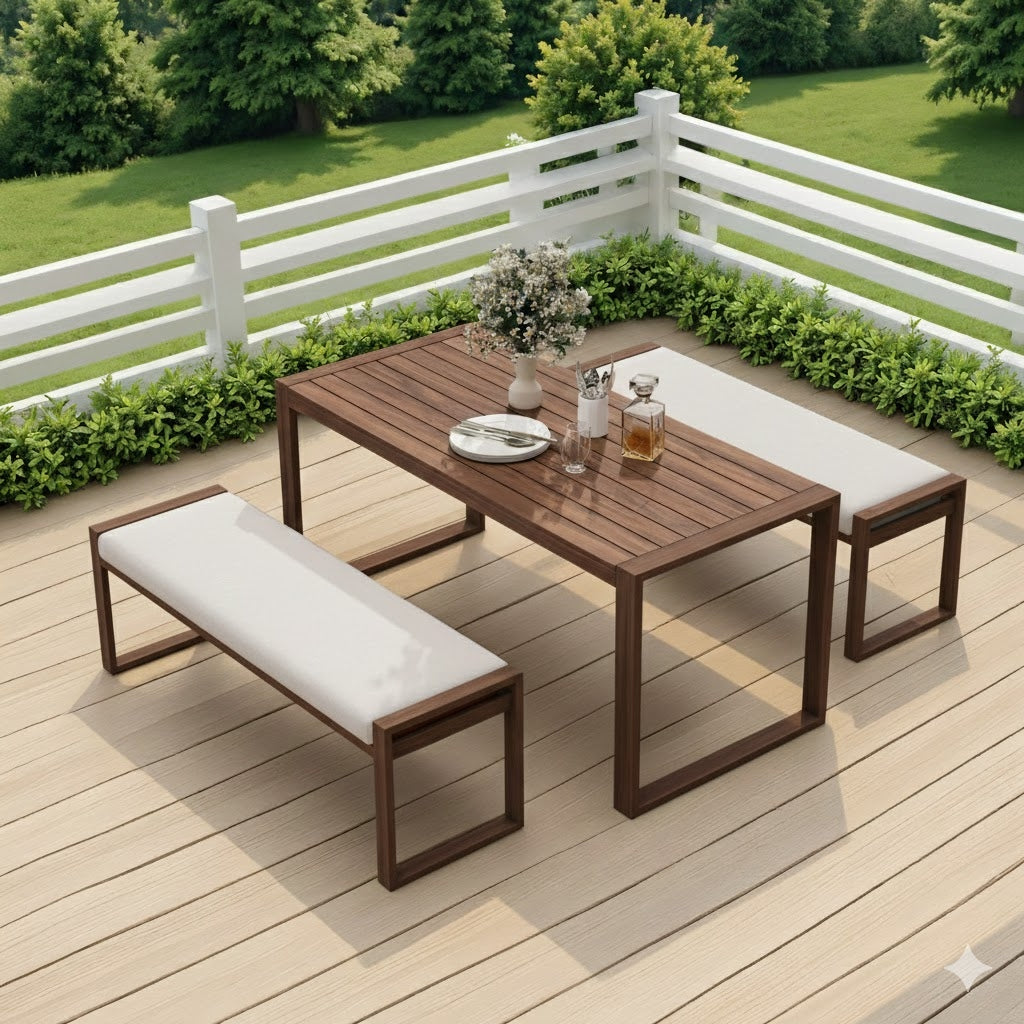 Contemporary Solid Wood Outdoor Dining Suite: Slat-Top Table with Integrated Bench Seating