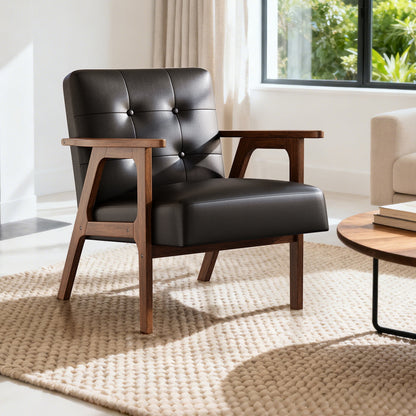 Walnut-Toned Acacia and Black Upholstered Arm Chair