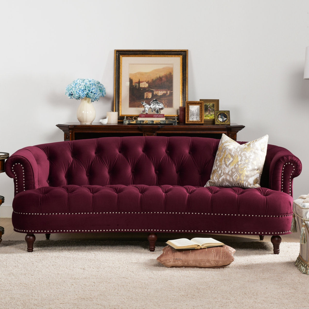 ADOUER WOOD Solid Wood Frame Upholstered Tufted Back 3 Seater Sofa With Backrest