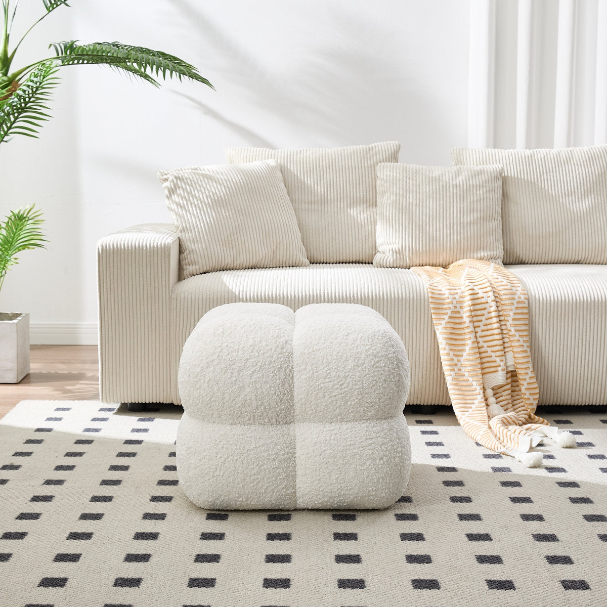 Contemporary Square Boucle Ottoman with Puffy Scalloped Design