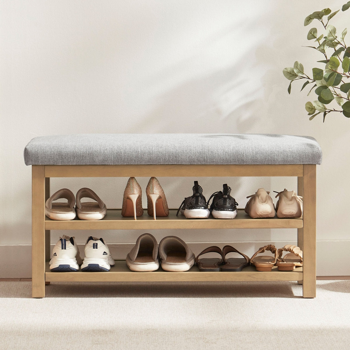 Space-Saving Solid Wood Shoe Bench with Dual Shelves and Comfortable Upholstered Seating