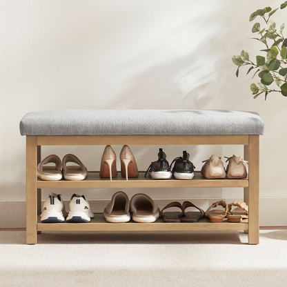 Space-Saving Solid Wood Shoe Bench with Dual Shelves and Comfortable Upholstered Seating
