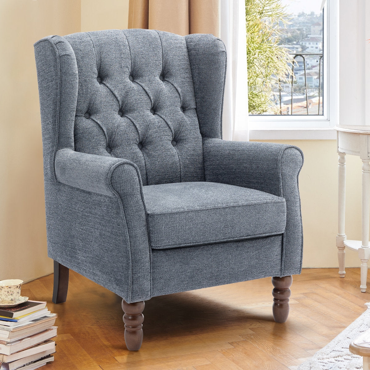 Classic Button-Tufted Cotton Wingback Chair with Solid Acacia Wood Frame