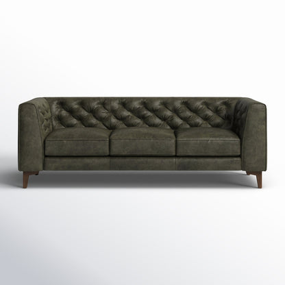 Classic Tufted Leather 3-Seater Sofa with Sheesham Wood Frame