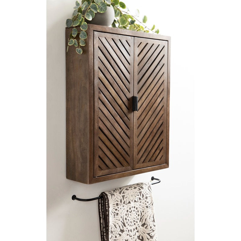 ADOUER WOOD Handcrafted Solid Wood Wall Cabinet with Chevron Slatted Doors – Mid-Century Modern Floating Storage