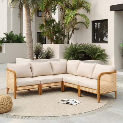 Weather-Resistant Acacia and Cane Outdoor Sofa with Cream Polyester Cushions