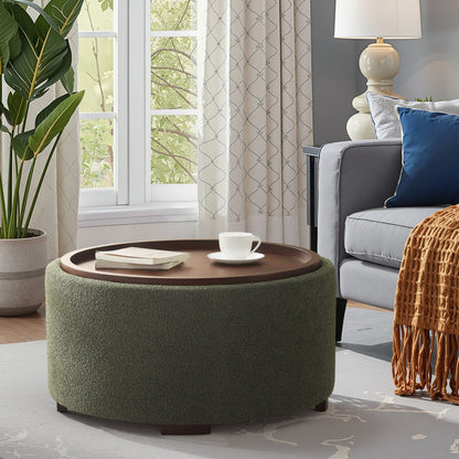 Round Boucle Storage Ottoman with Removable Acacia Wood Tray Table
