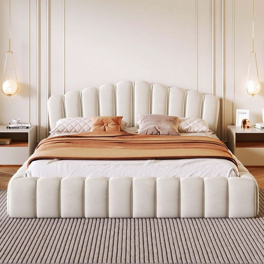 Solid Wood Scalloped Upholstered Bed with Vertical Channel Tufted Headboard