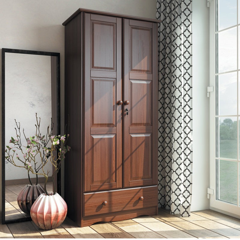 ADOUER WOOD Solid Wood Wardrobe Cabinet | Lockable 2-Door Almirah with Integrated Drawer