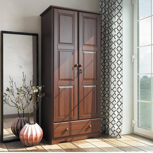 ADOUER WOOD Solid Wood Wardrobe Cabinet | Lockable 2-Door Almirah with Integrated Drawer