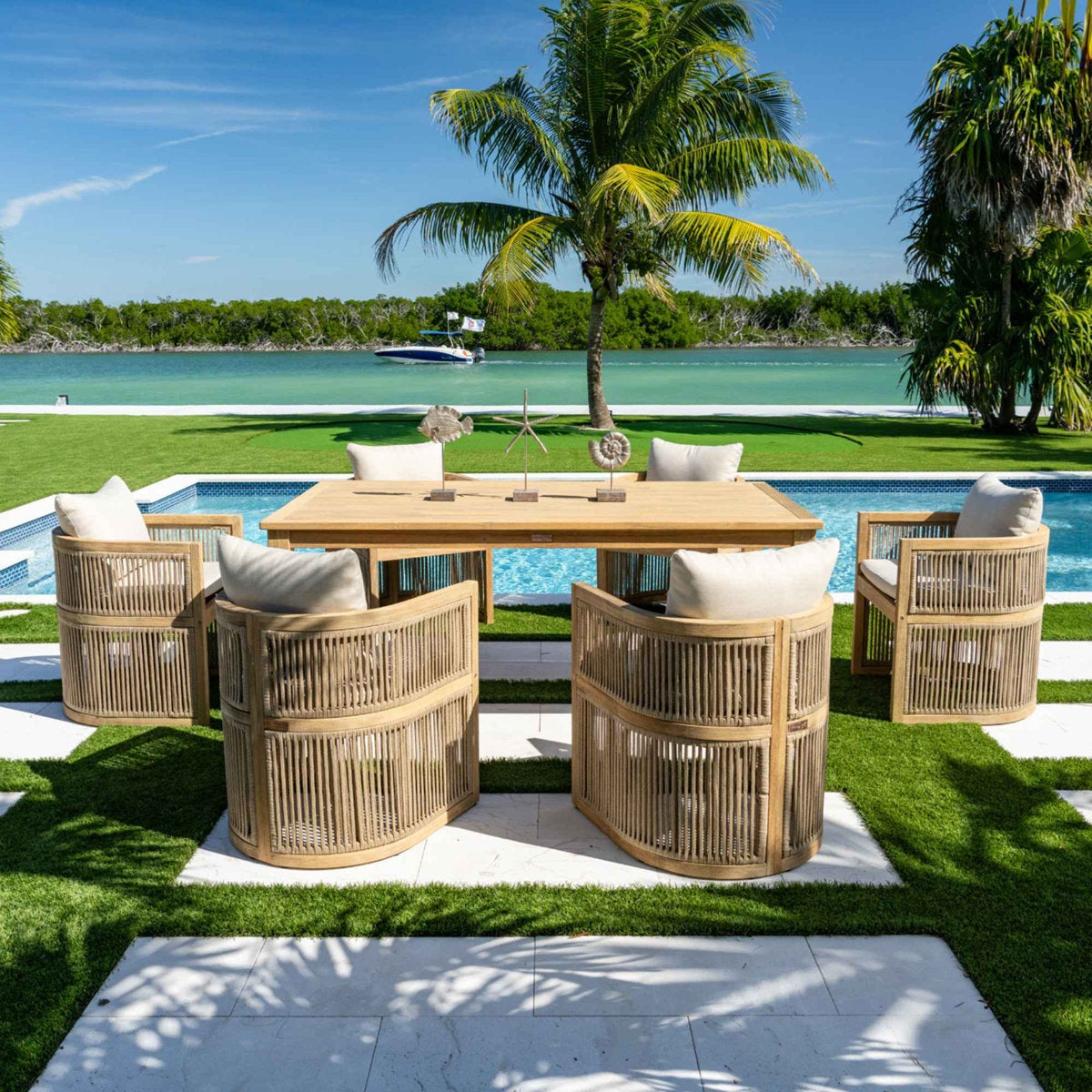 Solid Wood Rectangular Dining Table with Hand-Woven Barrel Chairs