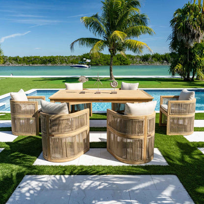 Solid Wood Rectangular Dining Table with Hand-Woven Barrel Chairs