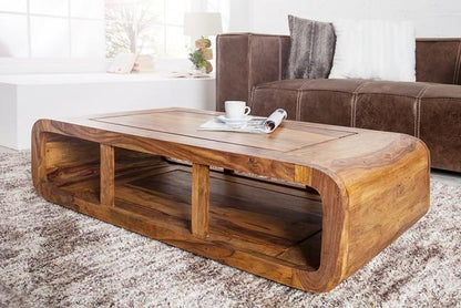 Organic Modern Sheesham Wood Coffee Table with Curved Ends and Open Compartment Storage