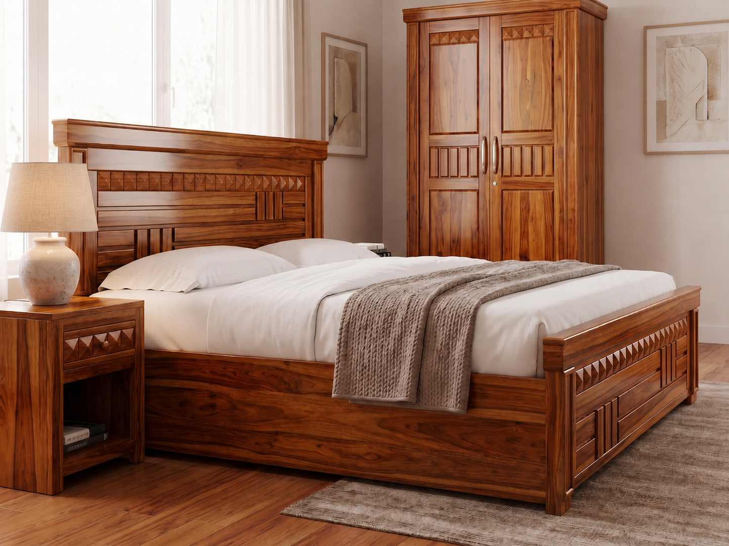 ADOUER WOOD Solid Sheesham Wood King Size Bed with Handcrafted Geometric Carving