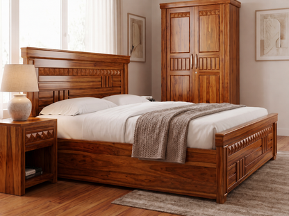 ADOUER WOOD Solid Sheesham Wood King Size Bed with Handcrafted Geometric Carving