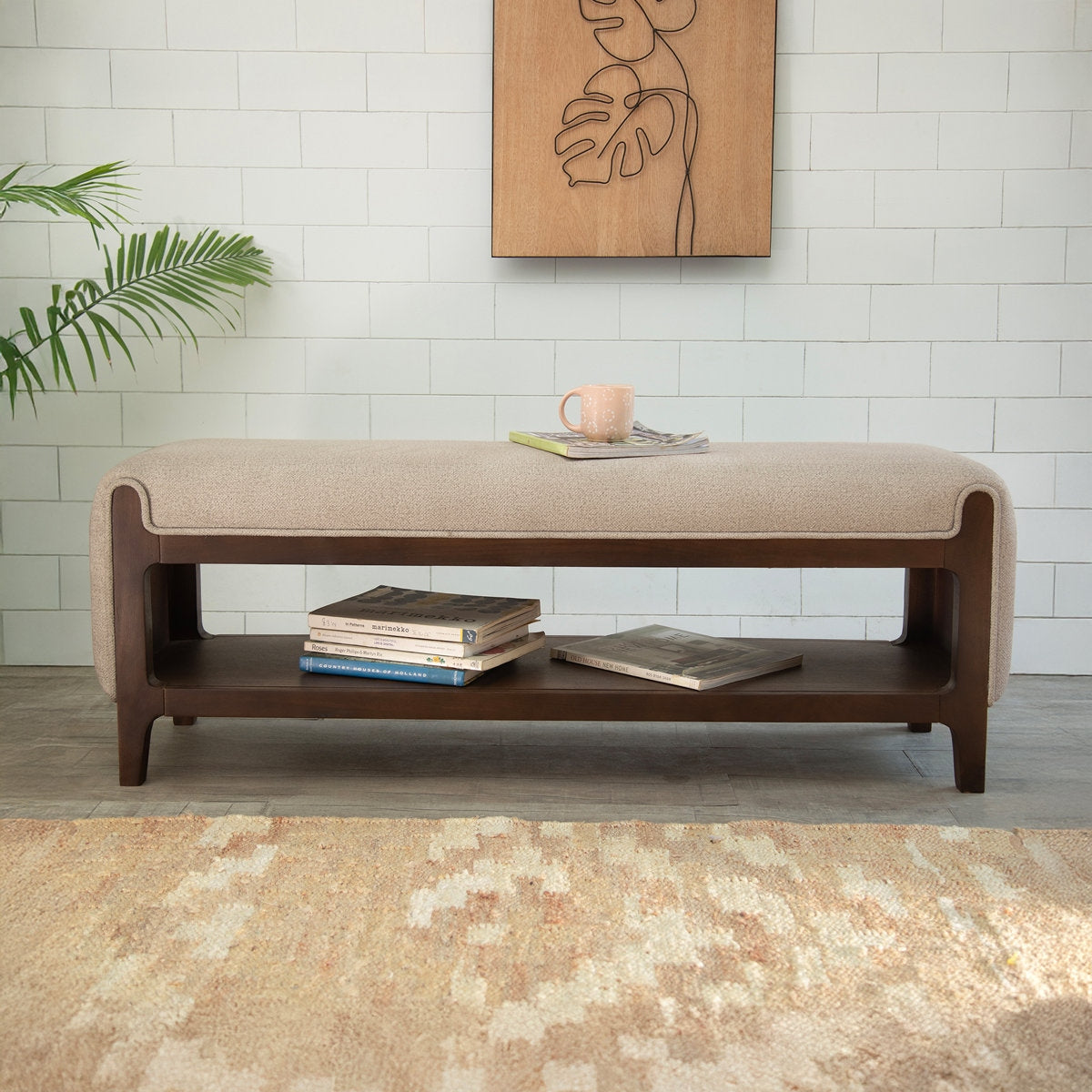 Adouer Wood Mid-Century Modern Solid Wood Bench with Premium Polyester Upholstery