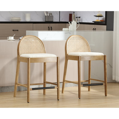 The Heritage Solid Wood Bar Stool Set – Handcrafted Woven Rattan & Cotton Upholstery
