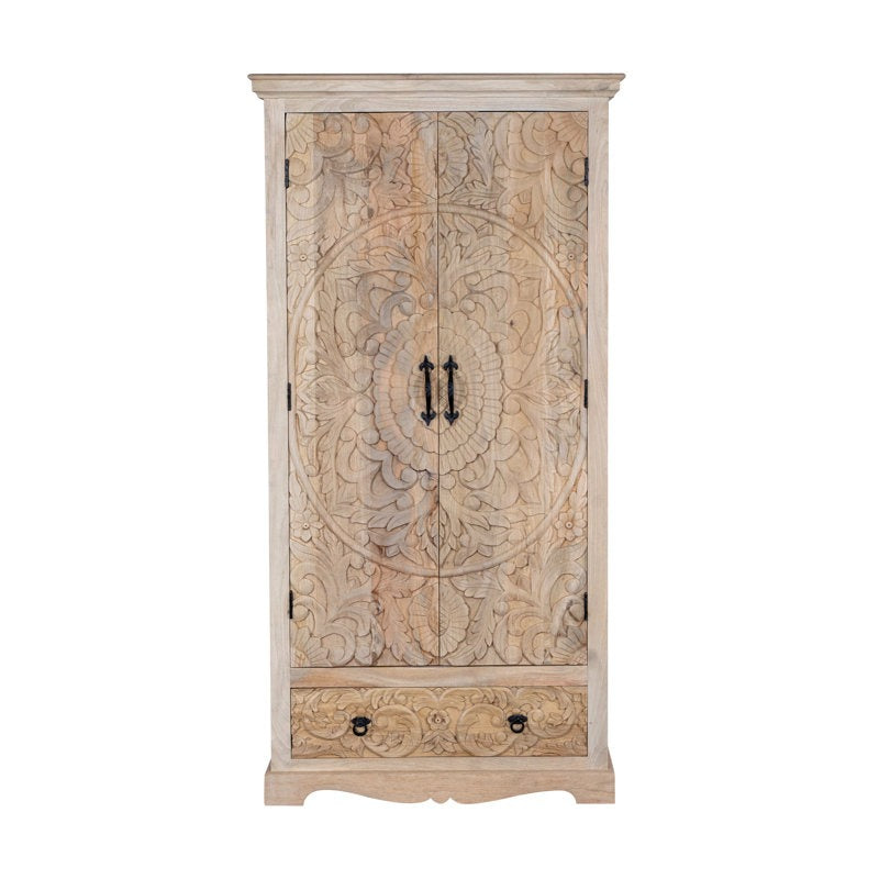 ADOUER WOOD Hand-Carved Solid Wood Wardrobe – Bohemian Floral Mandala Armoire with Integrated Storage Drawer