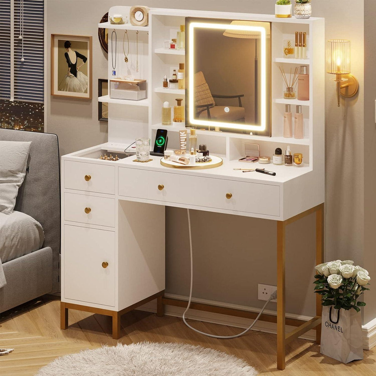 Premium Solid Wood Dressing Table featuring Multi-Tier Shelving and Smart LED Square Mirror