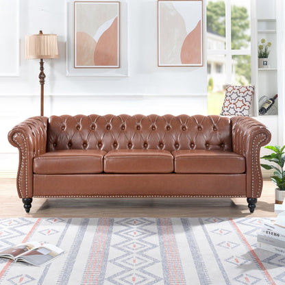 Classic Brown Leather Chesterfield Sofa with Sheesham Wood Frame