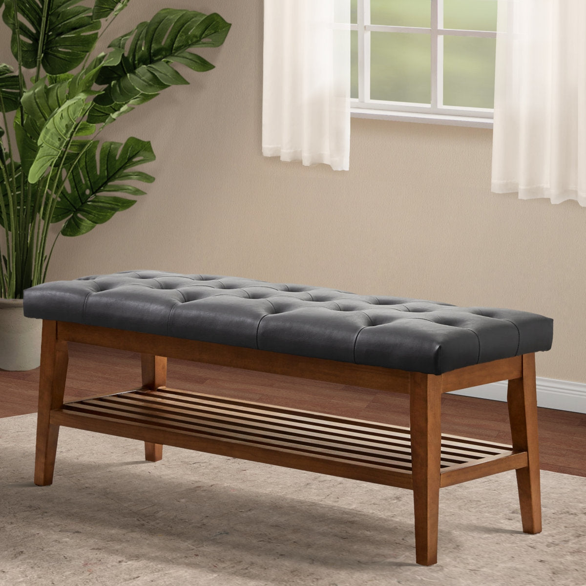 Zen-Inspired Solid Wood Upholstered Bench with Seamless Storage Compartment