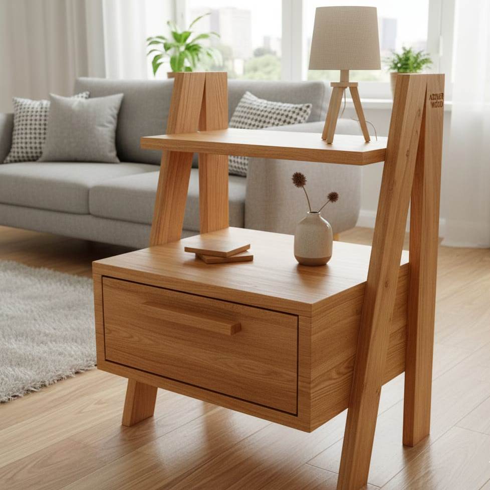 Linear Ladder Solid Wood Bedside Table with Storage Drawer and Display Shelf