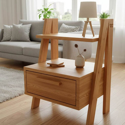Linear Ladder Solid Wood Bedside Table with Storage Drawer and Display Shelf