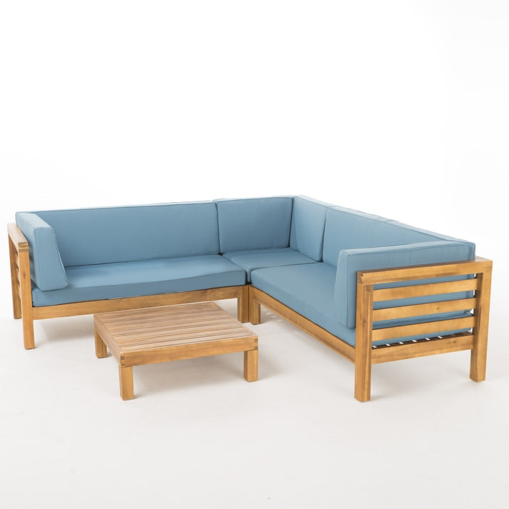 Acacia Wood 5 Seater Modular Outdoor Sofa Set With Coffee Table | Natural Acacia Wood | Polyester Fabric