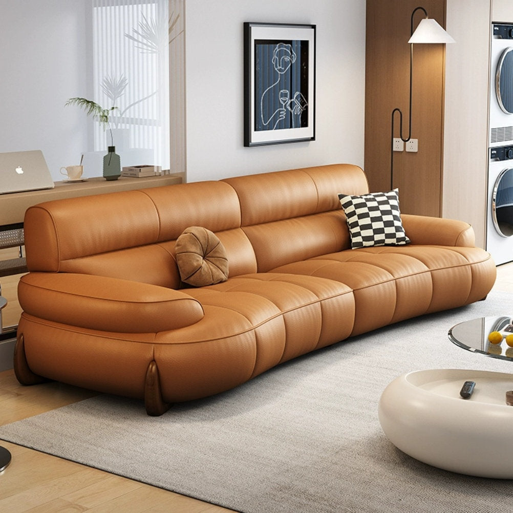 Modular Look Curved Leather Sofa with Generous Rolling Arms