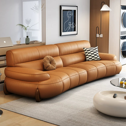 Modular Look Curved Leather Sofa with Generous Rolling Arms