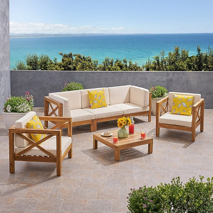 ADOUER WOOD "5-Seater Outdoor Sofa Set with Acacia Wood Frame and Beige Cushions"