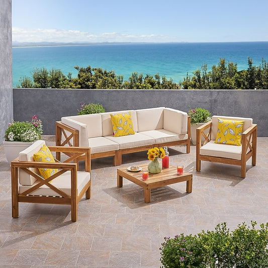 ADOUER WOOD "5-Seater Outdoor Sofa Set with Acacia Wood Frame and Beige Cushions"