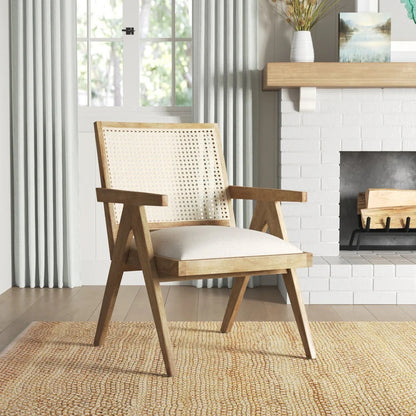 Acacia Wood Cane Back Arm Chair with Cotton Seat
