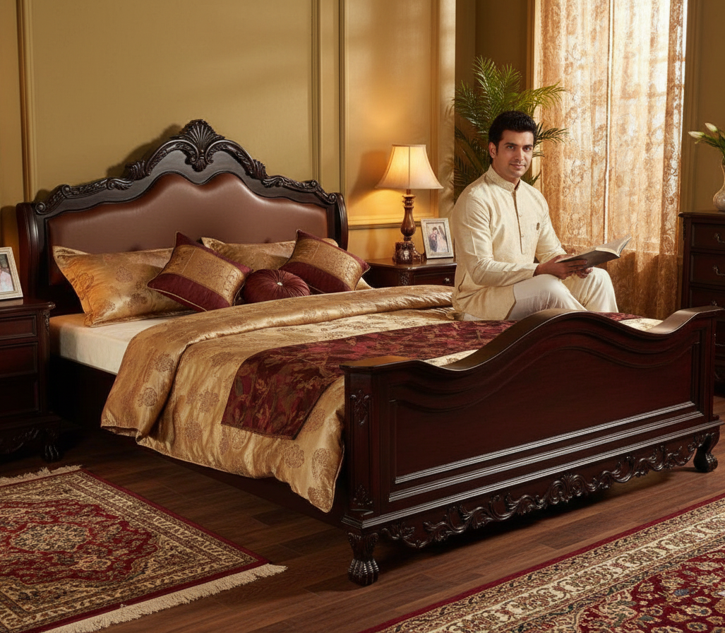 ADOUER WOOD Victorian Heritage Luxury Carved Bed with Premium Leatherette Cushioned Backrest