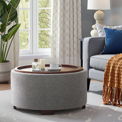 Round Boucle Storage Ottoman with Removable Acacia Wood Tray Table