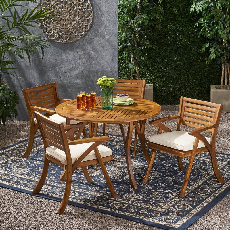 Adouer Wood Round 4-Seater Acacia Wood Patio Dining Set with Slatted Table and Cream Cushioned Armchairs