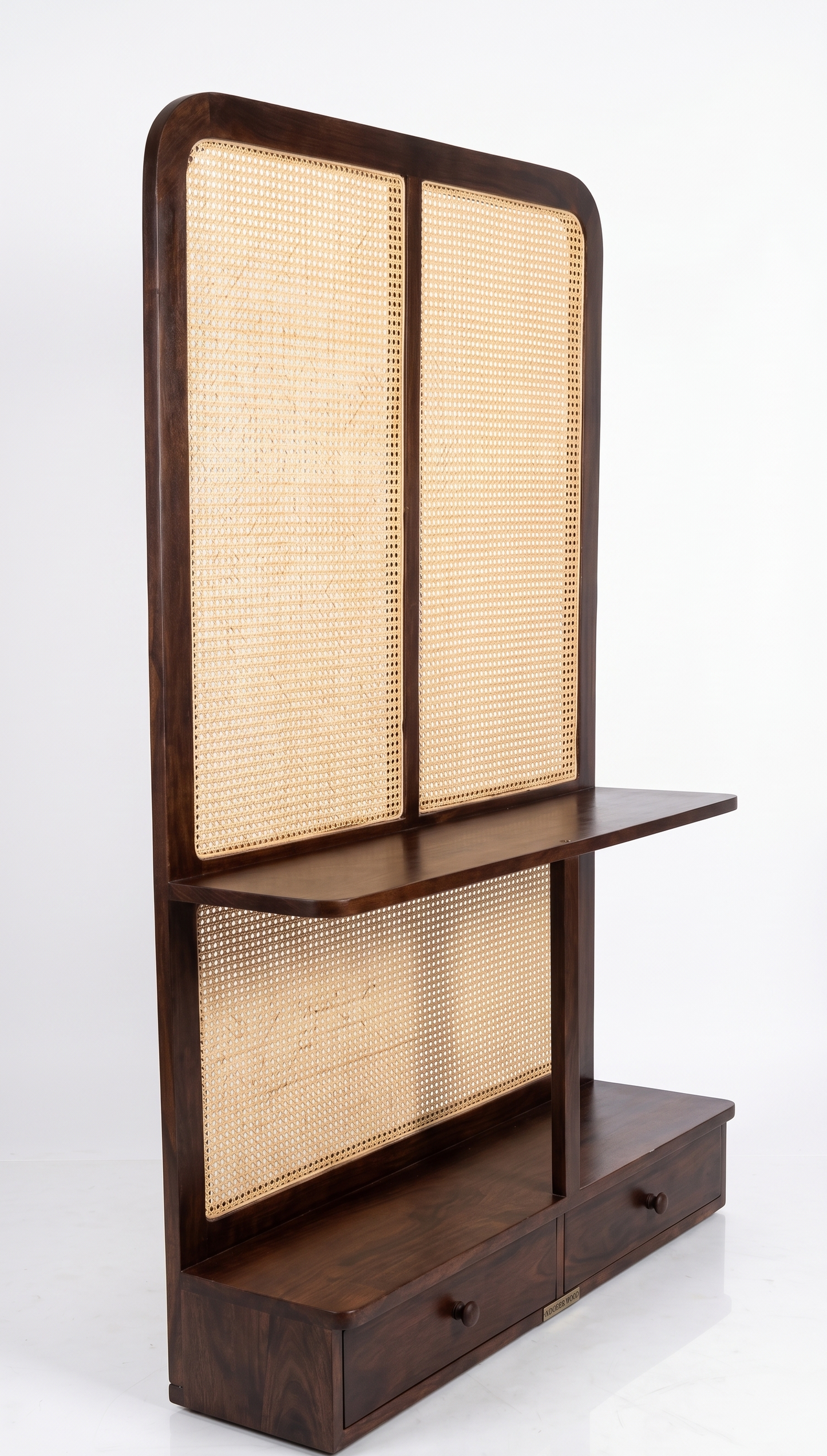 ADOUER WOOD Adouer Wood Rattan Partition Screen – Dark Walnut Acacia Wood Room Divider with Drawers