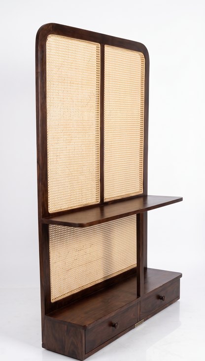 ADOUER WOOD Adouer Wood Rattan Partition Screen – Dark Walnut Acacia Wood Room Divider with Drawers