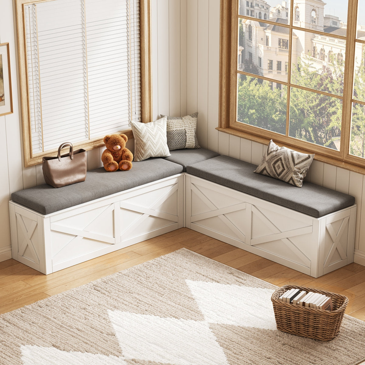 Adouer Wood Solid Wood L-Shape Corner Storage Bench with Upholstered Seating