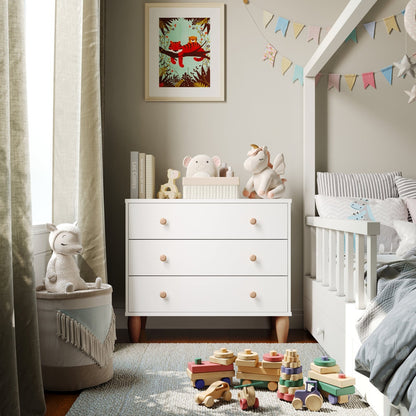 ADOUER WOOD Solid Wood 3-Drawer Kids Chest of Drawers – Modern White Nursery Dresser with Natural Legs & Knobs – Minimalist Storage Organizer for Kids Bedroom