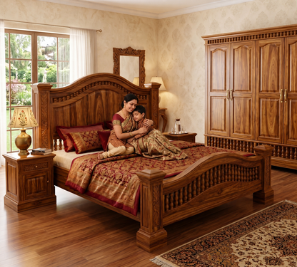ADOUER WOOD Solid Sheesham Wood King Size Bed with Carved Headboard